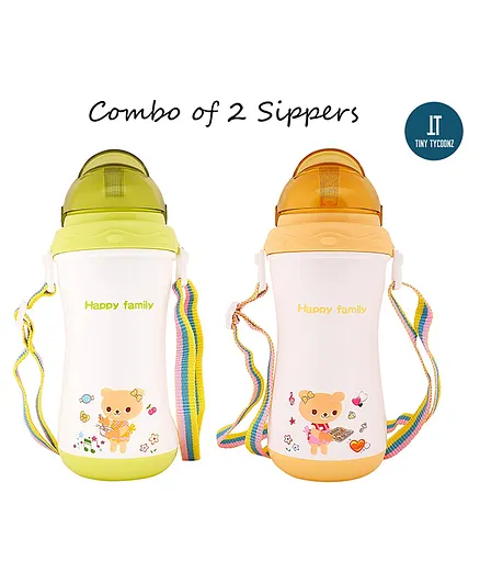 Tiny Tycoonz Polypropylene Sipper Cup with Detachable Straps & Straw Lid Cup Green Orange Pack of 2 - 350 ml each