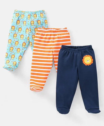 Babyhug Cotton Full Length Bootie Pants Stripes & Lion Print Pack Of 3- Blue & Orange