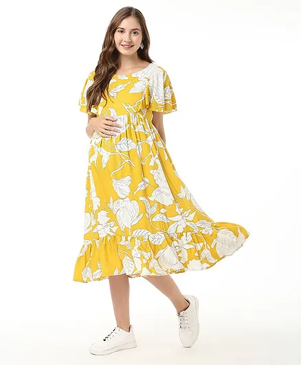 Bella Mama Woven Butterfly Sleeves Maternity Dress with Pocket Floral Print - Yellow
