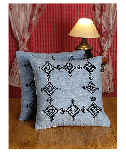 Hosta Homes Hhccm38 Pure Cotton Hand Crafted Cushion Covers with Tassels Pack of 2 - Blue