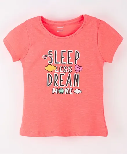CUCUMBER Cotton Half Sleeves T-Shirt Sleep Less Dream More Print - Peach