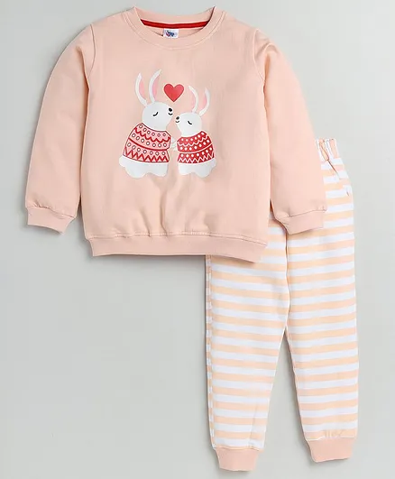 DEAR TO DAD Full Sleeves Rabbit Printed Striped Sweatshirt & Joggers Set - Peach