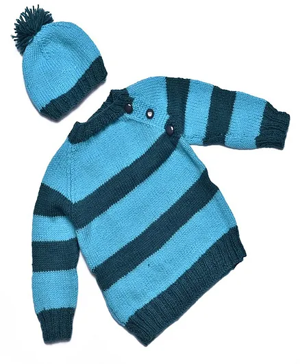 Tiekart Knits Full Sleeves  Hand Knitted Striped Design Sweater Set - Blue & Grey
