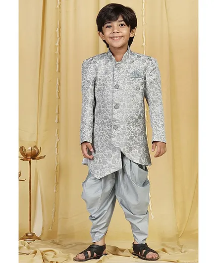 AJ Dezines Full Sleeves Jacquard Indo Western Sherwani & Dhoti Set - Grey & Silver