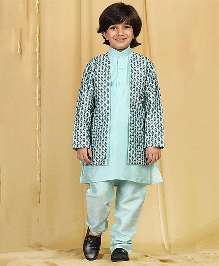AJ Dezines Full Sleeves Floral Embroidered Indo Western Jacket With Solid Kurta & Pajama - Firozi Blue