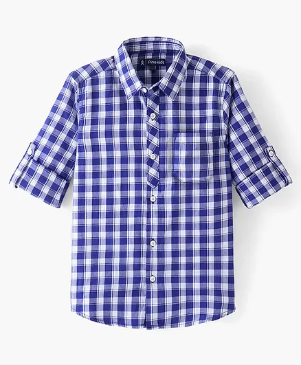Pine Kids Cotton Full Sleeves Checks Shirt With Sleeve Turn Up - Blue