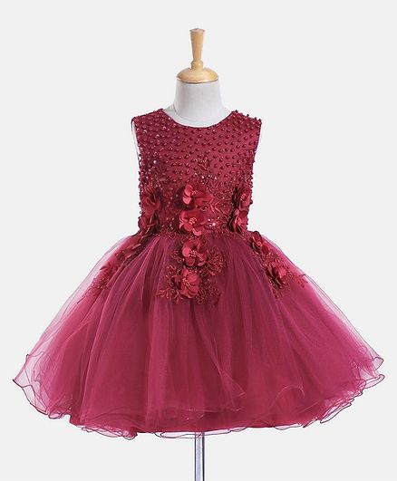 Mark & Mia Cotton Sleeveless Party Dress with Floral Applique & Pearl Detailing - Maroon