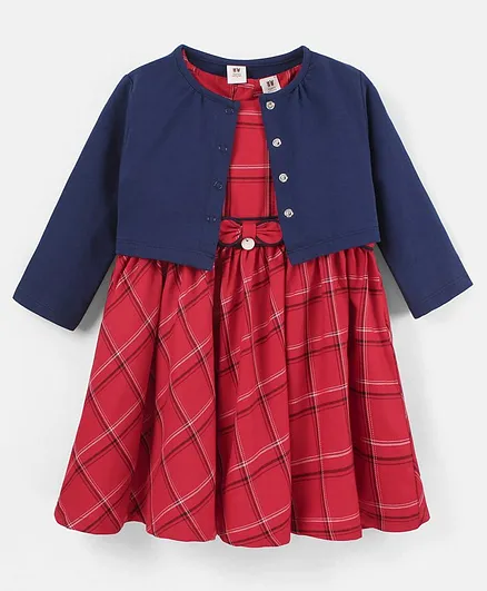 ToffyHouse Checks Frock with Full Sleeves Jacket - Navy  Blue & Red