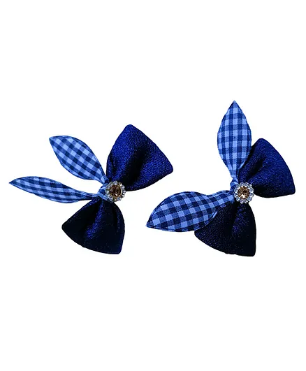 BABY Charm Set Of 2 Stone Detailed Bow Applique Embellished Hair Clips - Navy Blue