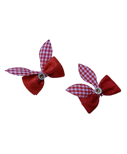 BABY Charm Set Of 2 Stone Detailed Bow Applique Embellished Hair Clips - Red