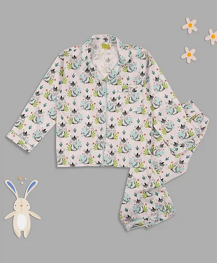 Pyjama Party Full Sleeves Baby Zebra Printed Night Suit - Off White