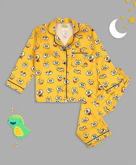 Pyjama Party Full Sleeves Smiley Printed Night Suit - Yellow
