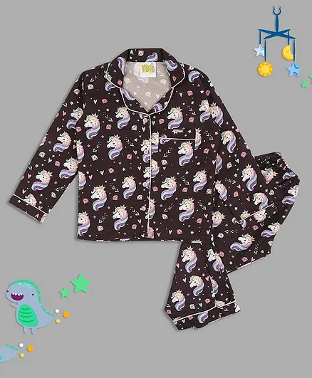 Pyjama Party Full Sleeves Be A Unicorn Printed Night Suit - Black