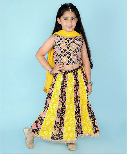 KID1 Full Sleeves  Motif & Floral All Over Printed Gota Lace Embellished Choli & Lehenga With Dupatta - Black & Yellow