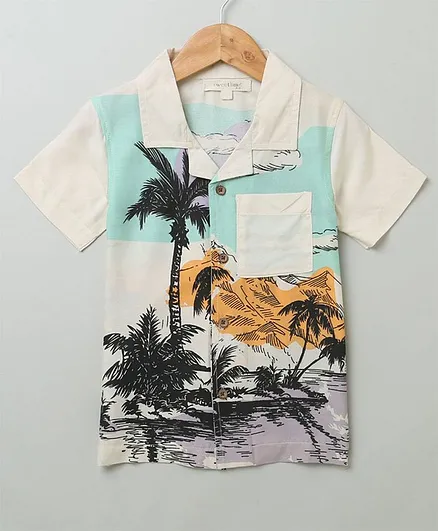 Sweetlime by A.S Half Sleeves Beach Theme Sea & Coconut Tree Printed Shirt - Beige