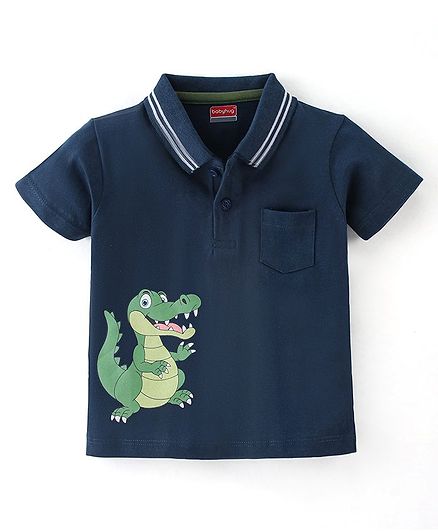 Babyhug Cotton Knit Half Sleeves Polo T-Shirt Dino Print - Navy Blue