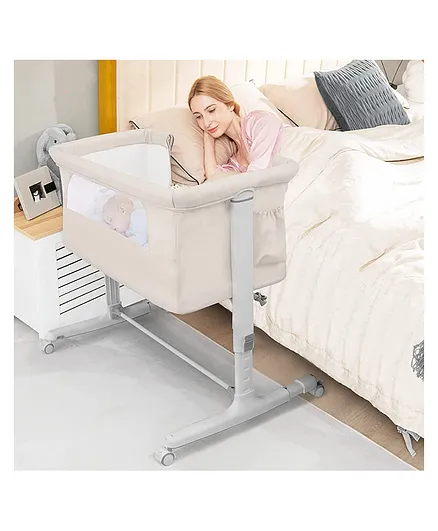 Baybee 3 in-1 Baby Bedside Crib Cradle for Baby with Adjustable Height & Wheels - Beige