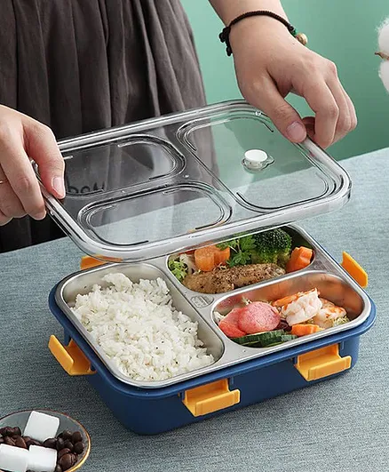 New Pinch 3 compartments Stainless Steel Lunch Box with Spoon and Fork- Blue
