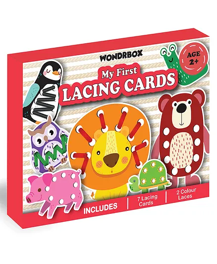 WONDRBOX Lacing Activity Animal Cardboard Cutouts and 2 Laces - Multicolour