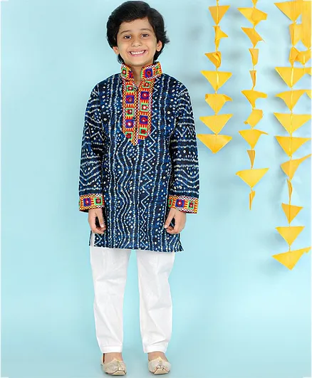 KID1 Full Sleeves Bandhani Print Kurta With Solid Pajama Set - Blue & White