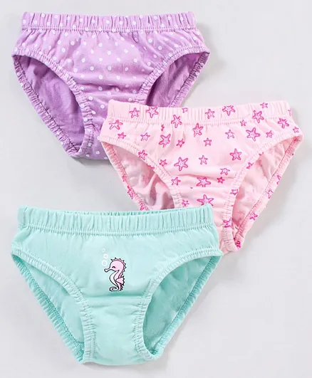 Babyhug 100% Cotton Floral & Star Fish Printed Panties Pack of 3 - Purple & Sea Green