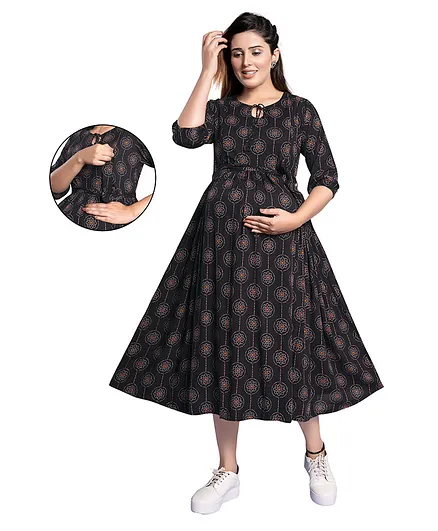 Mamma's Maternity Three Fourth Sleeves Motif Printed Maternity & Nursing Dress - Black