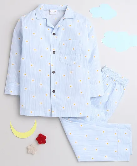 BAATCHEET Cotton Full Sleeves Striped And Daisy Printed Night Suit - Sky Blue