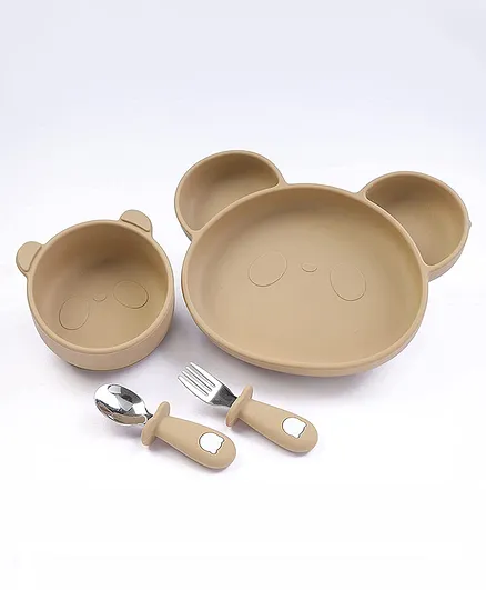 Starkiddo Mini & Mumma Premium Meal Set Cute Panda Food Grade Silicone Suction Plates for Baby with Trainer Spoon & Fork - Beige