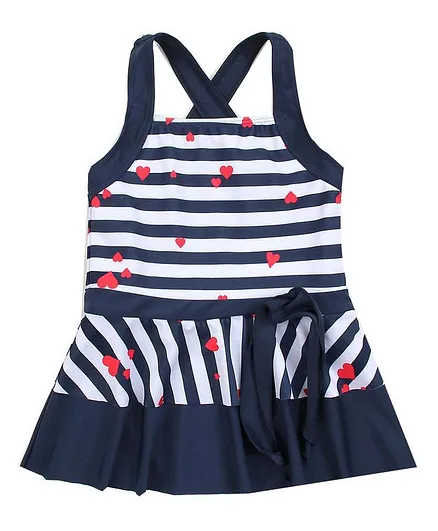 Babyhug Sleeveless Frock Swim Suit Stripes & Heart Print- Navy Blue & White