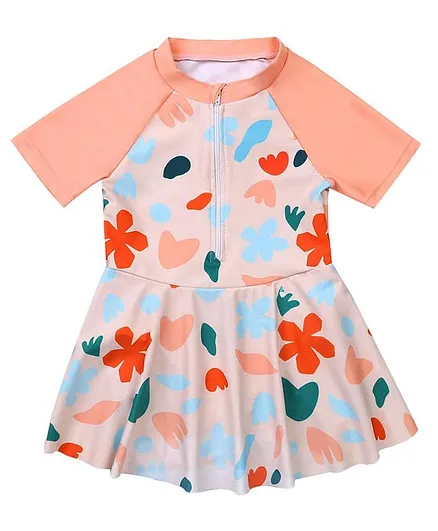 Babyhug Half Sleeves Frock Swimsuit Floral Print - Multicolour