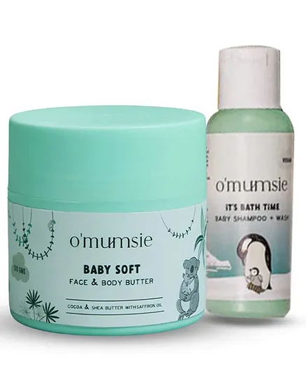 O'mumsie Tiny Explorers Travel Kit for Face & Body Butter 50 gm Baby Wash Shampoo 50 ml In an Amazing Gift Pouch Perfect For Babies & Kids For Travel - Pack of 2-