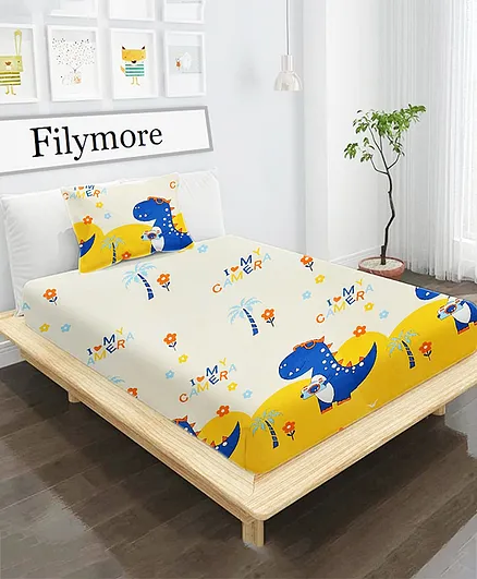 Filymore Dinosaur Kids bedsheet for Single Bed with 1 Pillow Covers Made with Pure Super Soft Microfiber Bedsheet - cream