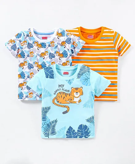 Babyhug Cotton Knit Half Sleeves T-Shirt Tiger Print Pack of 3 - Blue & Orange