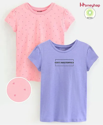 Honeyhap Premium Cotton Half Sleeves Bio Washed T-Shirt With Bio Finish Heart & Text Print Pack of 2- Glossamer Pink & Lavender