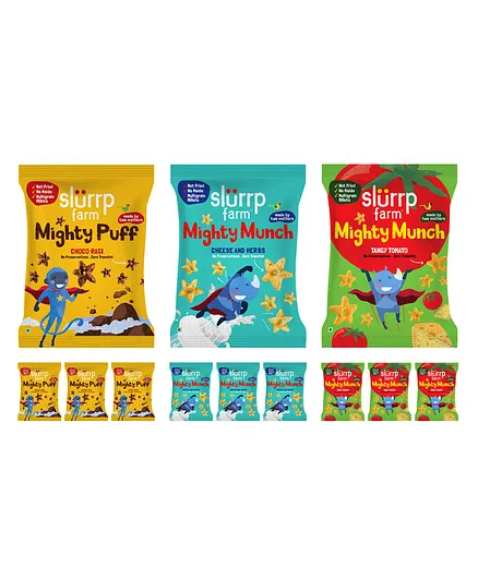 Slurrp Farm Healthy Snacks Non Fried No Maida Mighty Puff Choco Ragi Cheese & Herbs and Tangy Tomato Pack of 12 - 20 g each