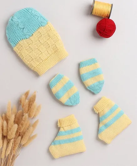 Little Angels Striped Designed & Colour Block Cap With Coordinating Mittens & Socks - Yellow & Green