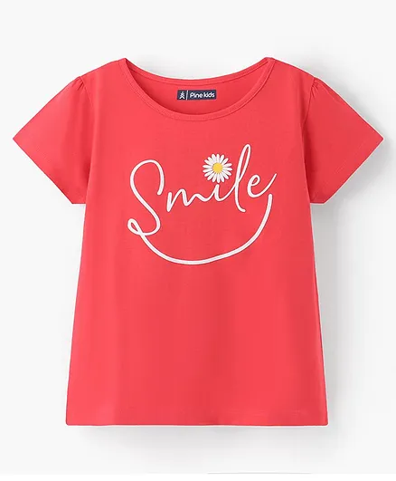 Pine Kids 100% Cotton Half Sleeves Bio Washed T-Shirt Smile Print - Pink