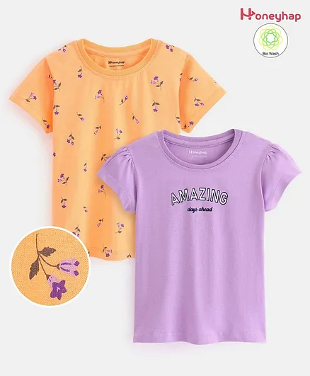 Honeyhap Premium 100% Cotton Half Sleeves T-Shirt with Bio Finish Pack of 2 - Orange & Purple