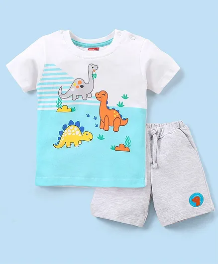 Babyhug Single Jersey Cotton Knit Half Sleeves T-Shirt & Shorts Set Dino Print - Grey & Blue