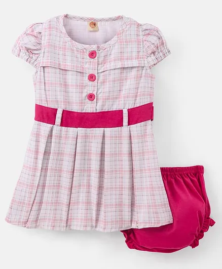 Dew Drops Cotton Half Sleeves Checked Frock With Bloomer- Pink