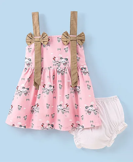 Dew Drops Cotton Sleeveless Frock With Bloomer Bunny Print- Peach