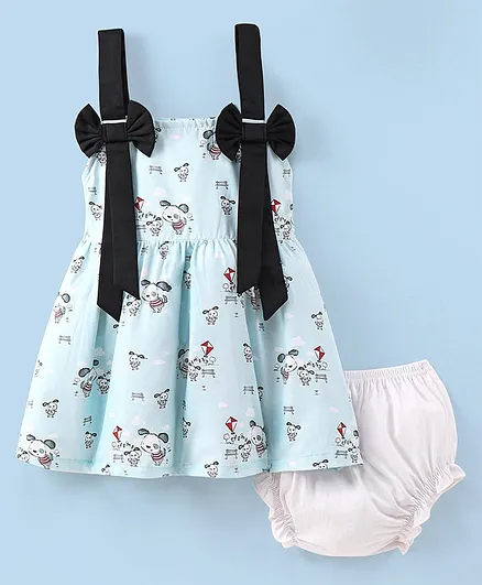 Dew Drops Cotton Sleeveless Frock With Bloomer Bunny Print- Blue