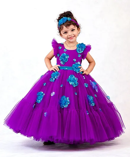 Li&Li BOUTIQUE Cap Frilled Sleeves  Party Wear Gown With Flower Embellishment - Purple And Blue