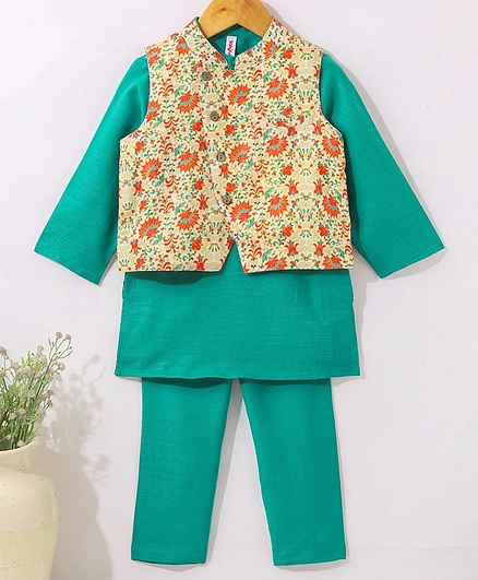 Babyhug Woven Full Sleeves Solid Color Kurta & Pyjama with Floral Print Waistcoat - Teal Green