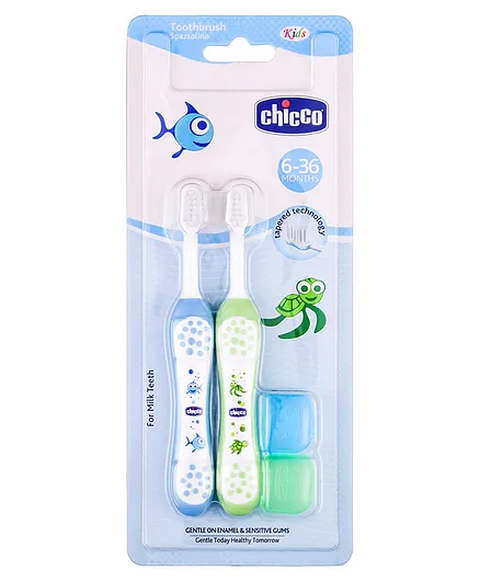Chicco Ultra Soft Bristles Toothbrush Turtle & Fish Print Pack of 2 - Green & Blue