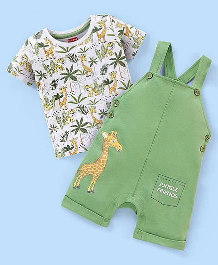 Babyhug 100% Cotton Half Sleeves Tee & Dungaree Set Giraffe & Tiger Print- White & Olive Green
