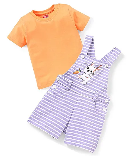 Babyhug 100% Cotton Knit Dungaree and Half Sleeves T-Shirt Set Stripes & Bunny Print - Orange & Purple