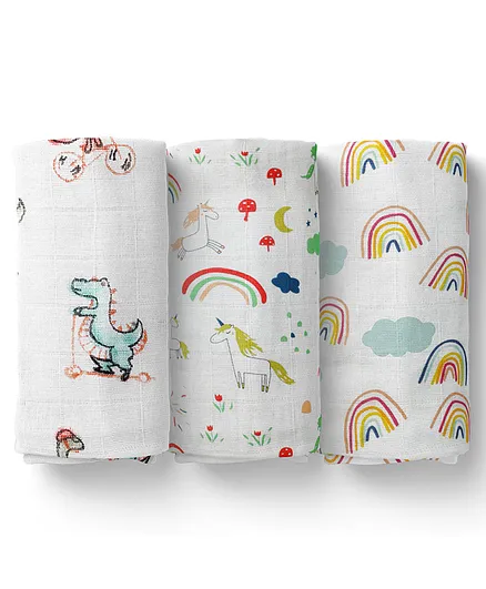 Moms Home Organic Cotton Baby Muslin Swaddle Unicorn, Rainbow & Dinosaur Pack of 3 - Multicolour