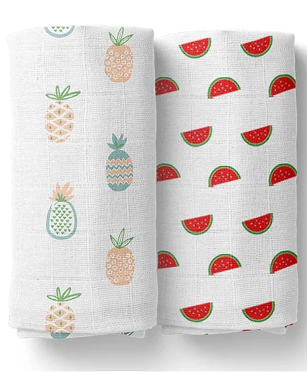Moms Home Organic Cotton Soft Baby Muslin Swaddle Pineapple & Melon Pack of 2 - Multicolour