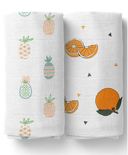 Moms Home Organic Cotton Soft Baby Muslin Swaddle Pineapple & Orange Pack of 2 - Multicolour